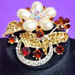 Elegant Floral Pearl and Crystal Brooch